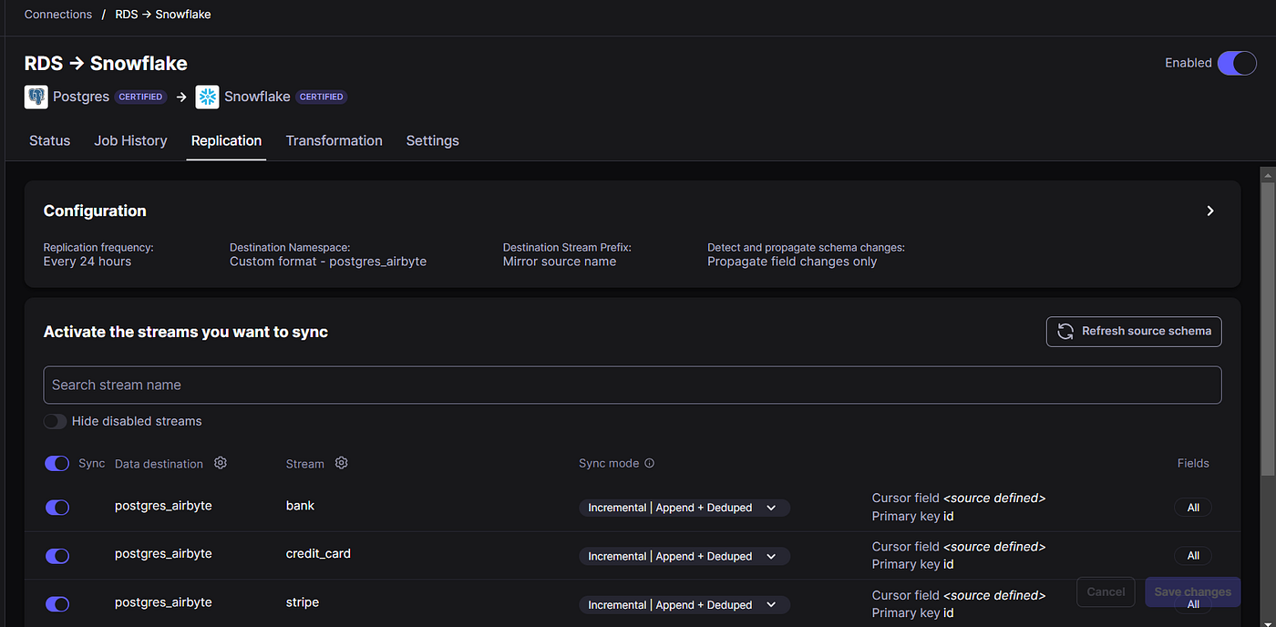 Airbyte connection settings: Postgres to Snowflake with Incremental sync mode and Append + Deduped destination mode